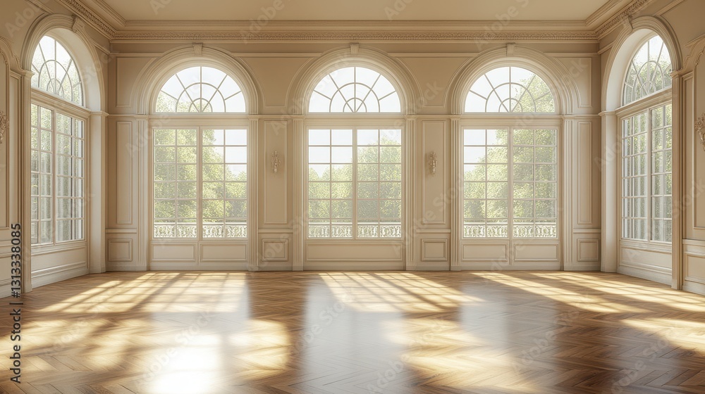 Sunlit grand hall with arched windows and parquet flooring. Ideal for showcasing luxury, elegance, and spaciousness in real estate or interior design projects. Sunlit grand hall with arched windows and parquet flooring. Ideal for showcasing luxury, elegance, and spaciousness in real estate or interior design projects.