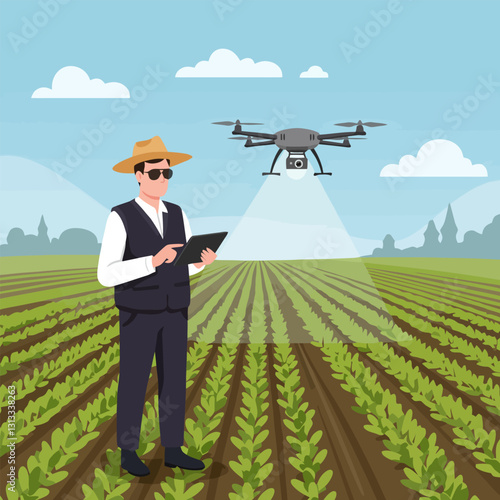 Farmer Using Drone Technology for Crop Monitoring in Agricultural Field