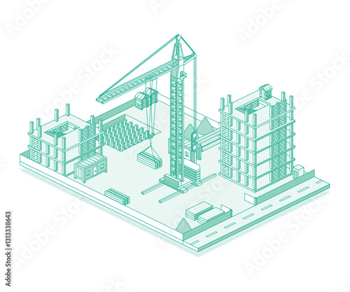 Construction site with crane and skyscraper. Process of building a multi-storey building. Illustration in outline style. Isometric view of a monolithic frame building.