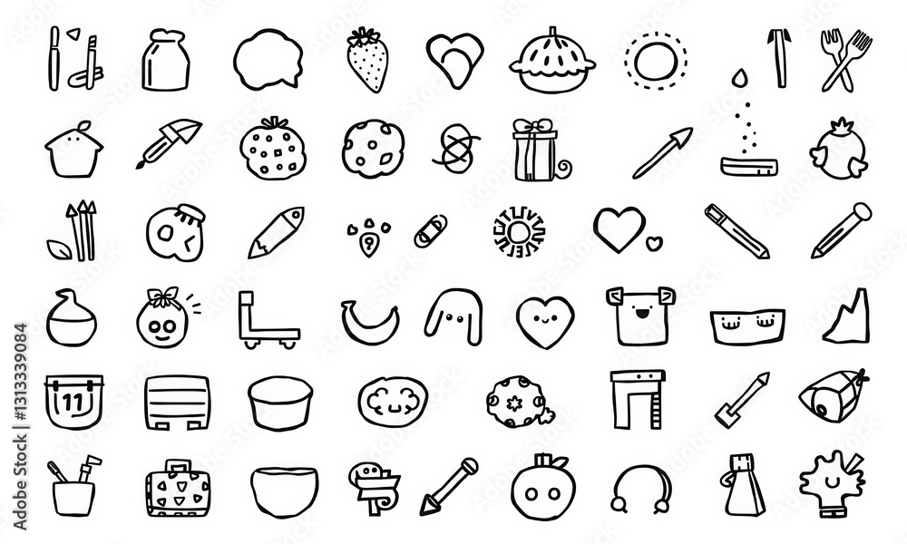 Doodles of various cute and playful icons including fruits, objects, and symbols, perfect for creative projects and designs Doodles of various cute and playful icons including fruits, objects, and symbols, perfect for creative projects and designs