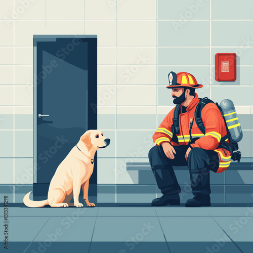  Firefighter sitting with rescue dog in station