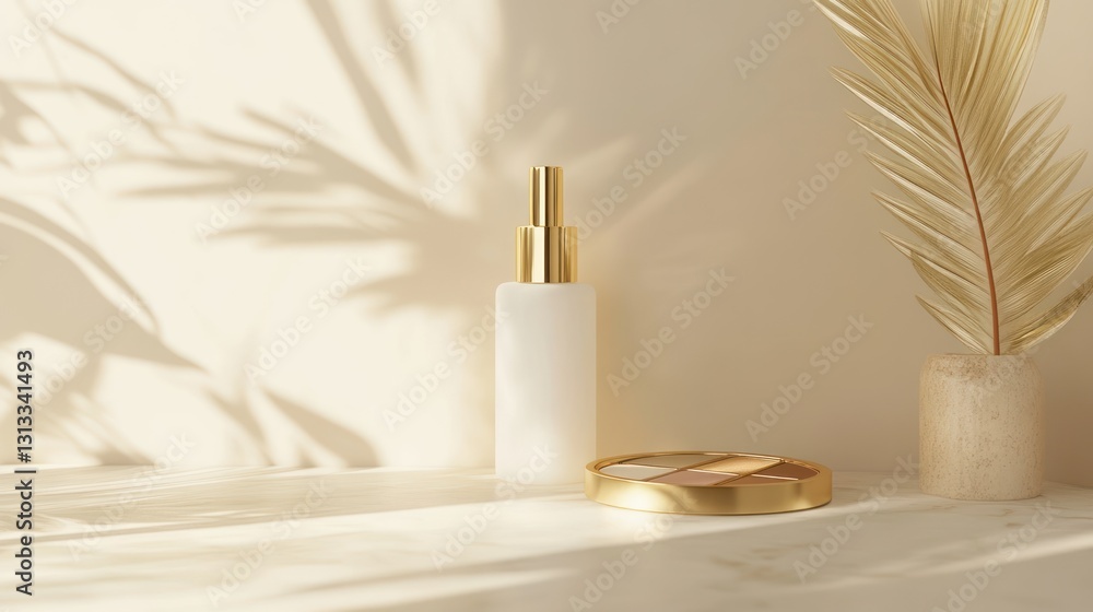 Cosmetic product display, natural light, beige backdrop Cosmetic product display, natural light, beige backdrop