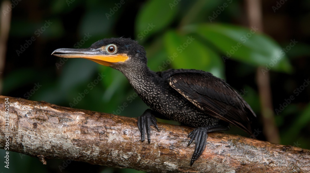 Fototapeta premium Bird perched on branch in a lush, green environment, with bright yellow-orange beak