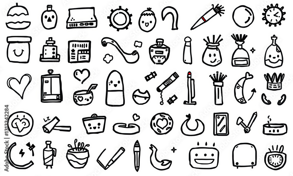 Doodles of various cute and whimsical objects, including bottles, tools, and hearts, create playful and artistic vibe. These charming illustrations evoke creativity and joy Doodles of various cute and whimsical objects, including bottles, tools, and hearts, create playful and artistic vibe. These charming illustrations evoke creativity and joy