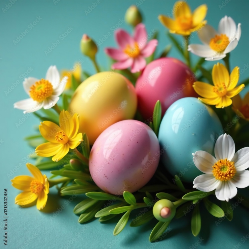 Close-up of colorful Easter eggs and delicate wildflowers , close-up, springtime, delicate Close-up of colorful Easter eggs and delicate wildflowers , close-up, springtime, delicate