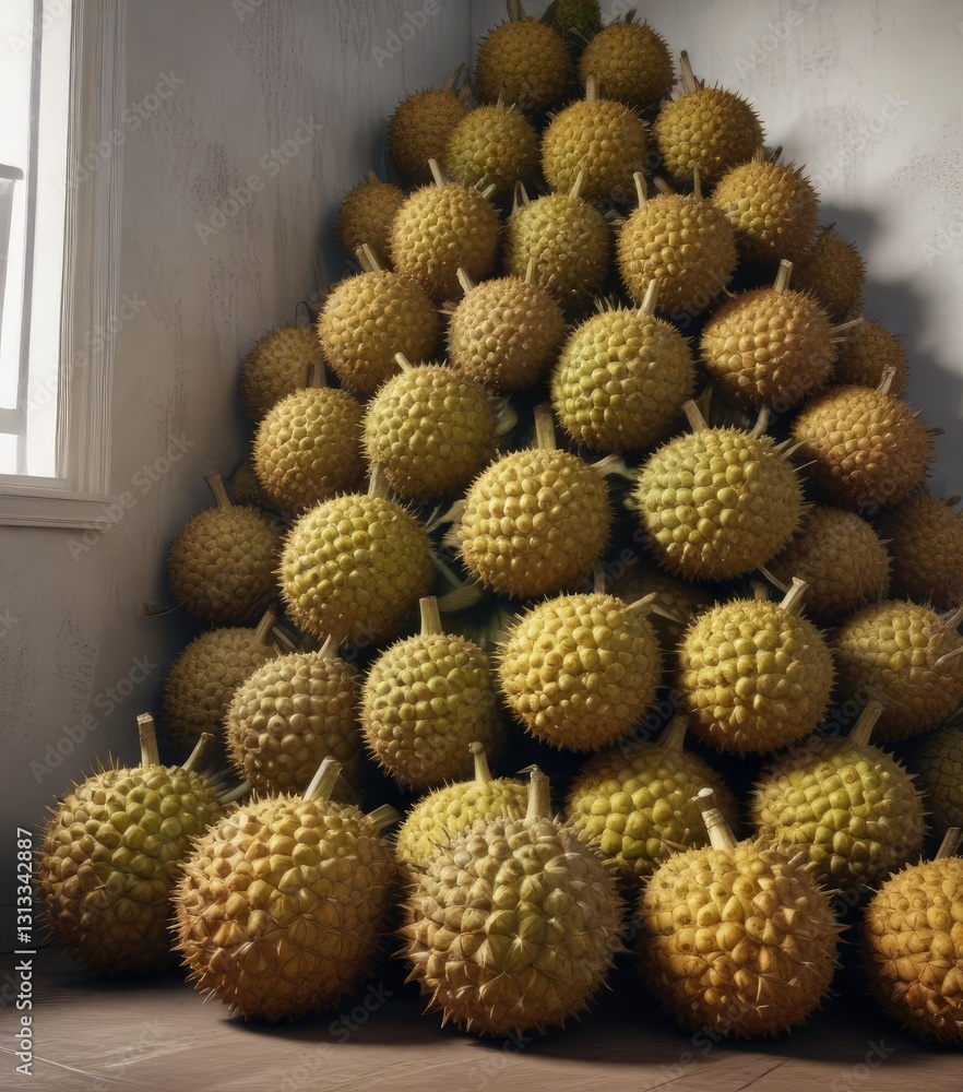 Large durians piled high in a corner of a room, durian, fruit Large durians piled high in a corner of a room, durian, fruit