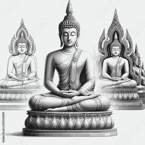 Monochrome Buddha statues in meditative posture
