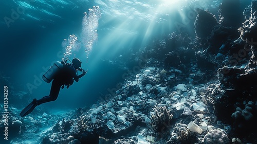 A deep diver exploring a ruined coral reef overtaken by plastic waste
