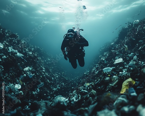Wallpaper Mural A deepsea diver swimming through murky waters filled with plastic debris Torontodigital.ca