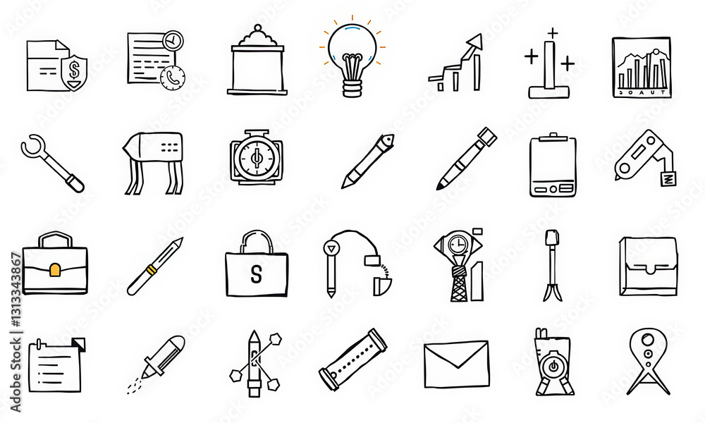 Doodles of various business and office icons, including light bulb, briefcase, and dollar sign, conveying creativity and productivity Doodles of various business and office icons, including light bulb, briefcase, and dollar sign, conveying creativity and productivity