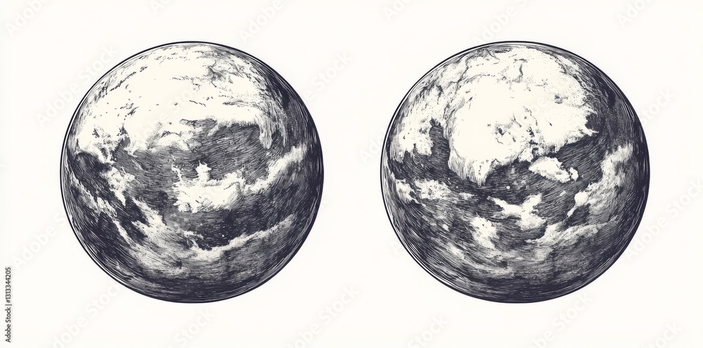 Obraz premium A monochrome illustration of a globe, created as an engraving for T-shirt prints, with a scratchboard-like effect