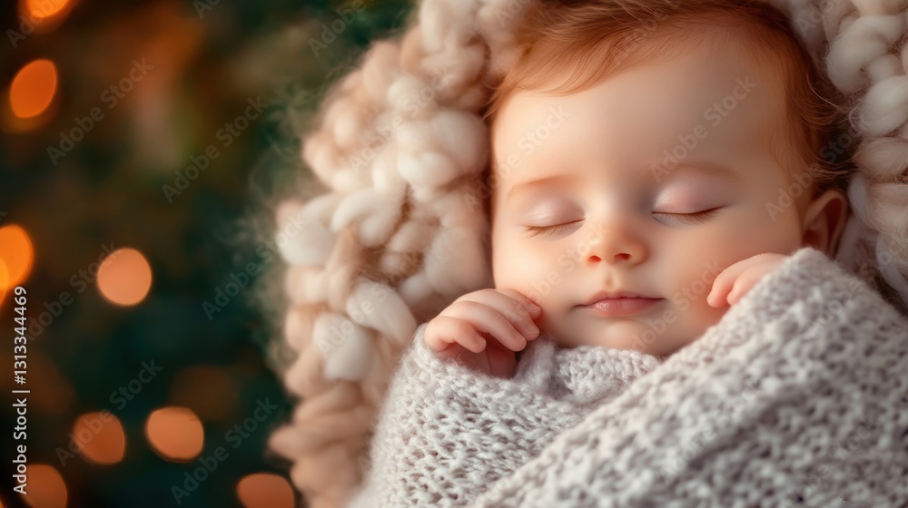 A baby is nestled in a soft blanket, eyes gently closed, surrounded by soothing holiday lights creating a calm atmosphere A baby is nestled in a soft blanket, eyes gently closed, surrounded by soothing holiday lights creating a calm atmosphere