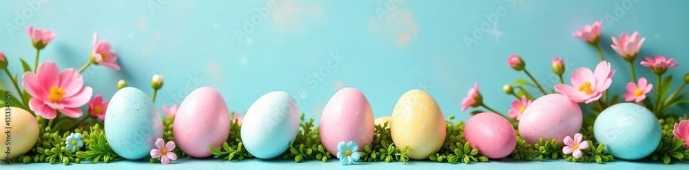 Pastel eggs nestled amongst spring blooms, ornate wall detail; light blue background, gentle, image Pastel eggs nestled amongst spring blooms, ornate wall detail; light blue background, gentle, image