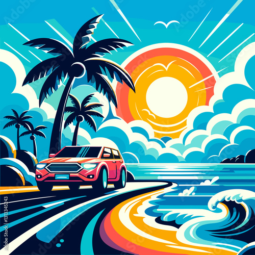  Vibrant beach road trip with car and palm trees at sunset