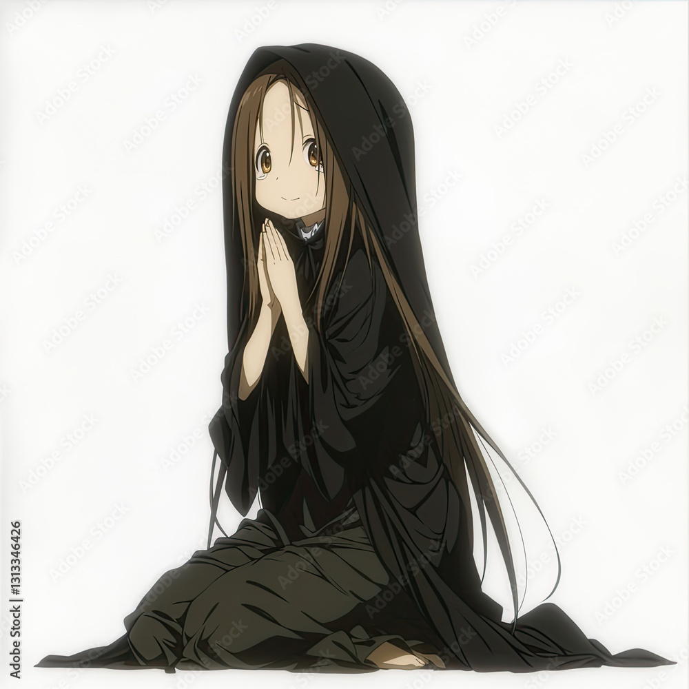 Kawaii chibi character in black robe, smiling with hands together in prayer Kawaii chibi character in black robe, smiling with hands together in prayer