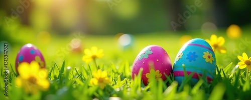Kids' Easter egg hunt, vibrant painted eggs in garden, search, kids