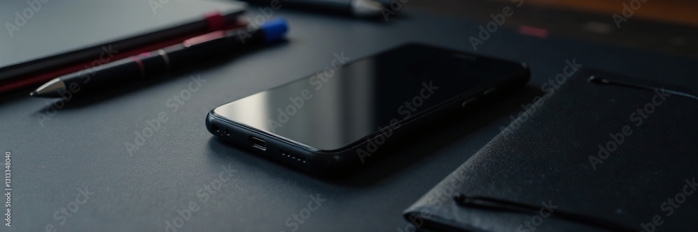 Sleek black desk, smartphone, pens, notebook Dark aesthetic , workspace, details Sleek black desk, smartphone, pens, notebook Dark aesthetic , workspace, details