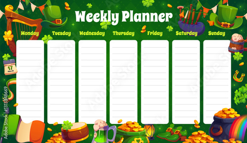 Weekly planner schedule with St Patrick day holiday characters, vector week planner template. Irish Saint Patrick day leprechaun hats, Ireland flag or shamrock and bagpipes on weekly schedule planner