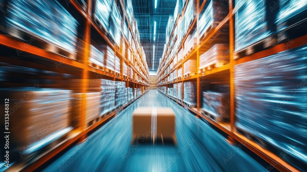 Obraz premium A high-speed view of a warehouse aisle with motion blur, symbolizing fast logistics, supply chain efficiency, and automated inventory. Ideal for shipping, e-commerce, and industrial business themes