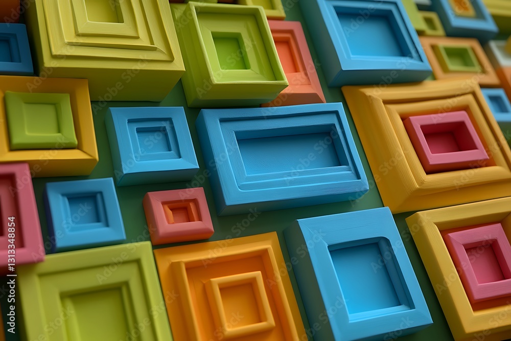 Colorful 3D square frames arranged on a wall, overlapping to create geometric art for design Colorful 3D square frames arranged on a wall, overlapping to create geometric art for design