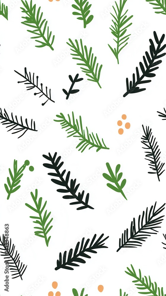 Bright and colorful pattern featuring lush green leaves accented with playful orange dots in a unique design style