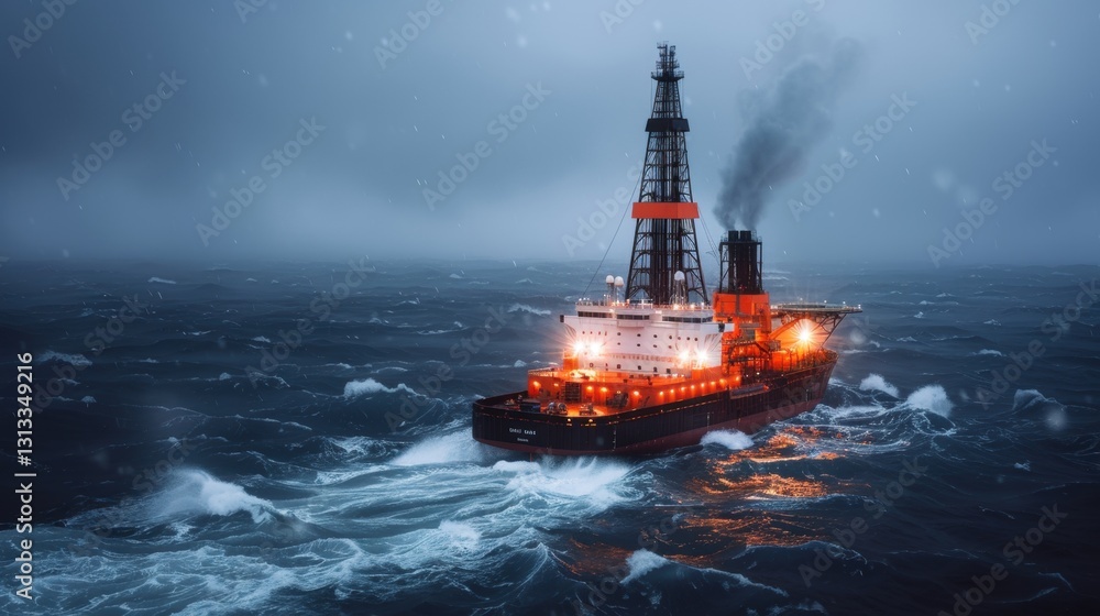 Obraz premium A large oil rig navigates turbulent waters under a stormy sky, illuminated by bright lights, showcasing the power of technology in marine environments.