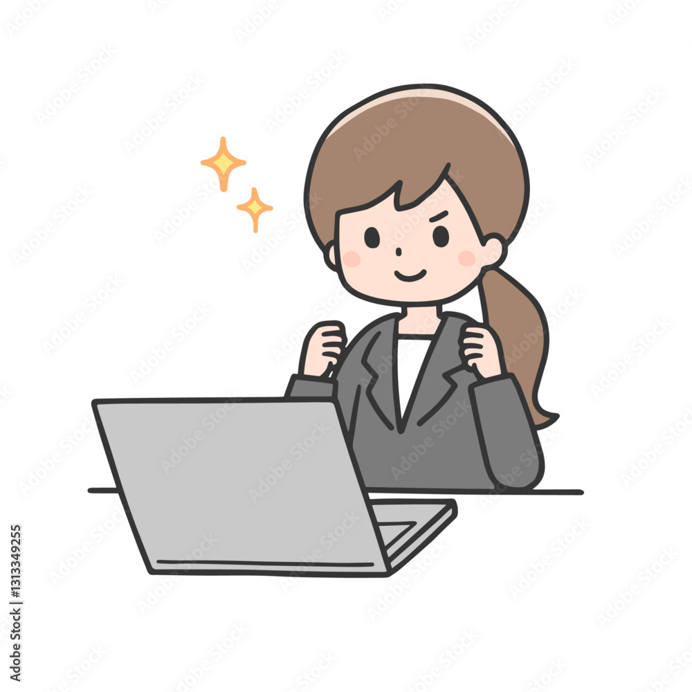パソコンの前でガッツポーズをするスーツ姿の女性 パソコンの前でガッツポーズをするスーツ姿の女性