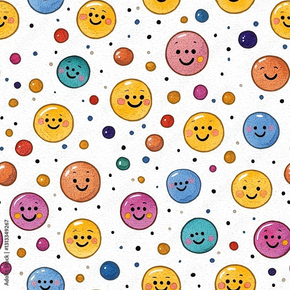 Colorful pattern of smileys creating a fun and whimsical tapestry of cartoon characters for creative projects Colorful pattern of smileys creating a fun and whimsical tapestry of cartoon characters for creative projects
