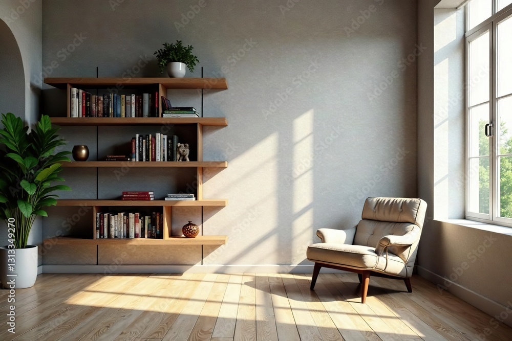 Fototapeta premium Open space, floating bookshelf, plush armchair, window light, furniture, sunlit space