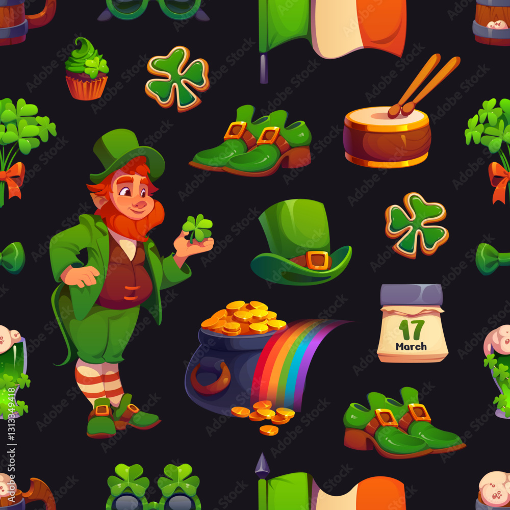St Patrick day characters seamless pattern featuring a cheerful leprechaun, a pot of gold at the end of a rainbow, green top hat, shamrocks, irish flag, gold coins, festive shoes and calendar page