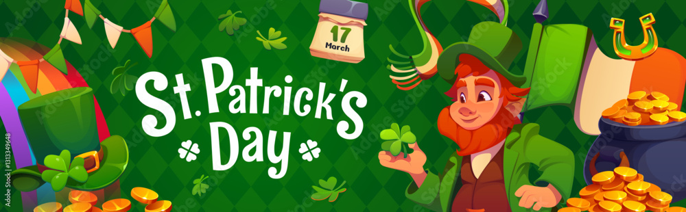 Εκτύπωση καμβά St Patrick day banner for Irish holiday and festival with leprechaun character, vector greeting card