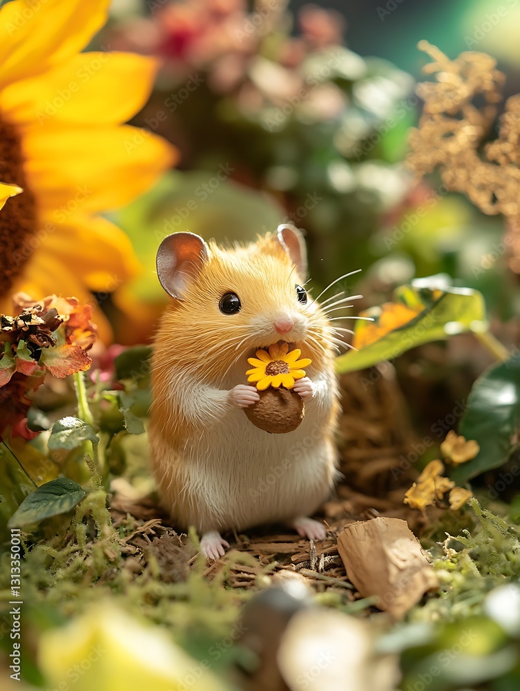 Fototapeta premium Cute Hamster Holding Flower in Garden Setting with Sunflowers