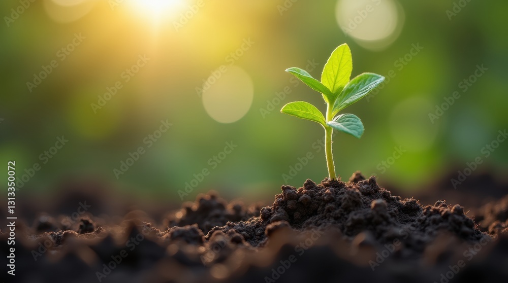 A small sprout emerging from the soil after seeds were planted, illuminated by soft early morning light in a garden. A small sprout emerging from the soil after seeds were planted, illuminated by soft early morning light in a garden.
