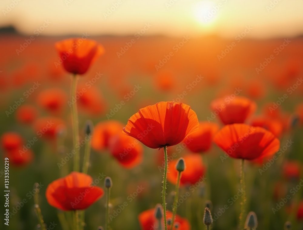 Fototapeta premium Close-up of red poppies in a vast field, with soft focus on distant flowers, bathed in warm afternoon light, in a countryside setting.