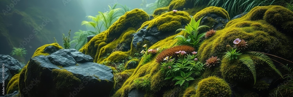 Lush, vibrant moss-covered rocks with ferns and wildflowers growing on them, set against a misty, moody atmosphere, green, mystical Lush, vibrant moss-covered rocks with ferns and wildflowers growing on them, set against a misty, moody atmosphere, green, mystical