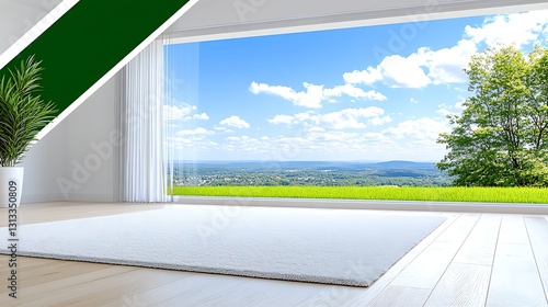 Modern Living Room Interior with White Rug Large Window and Stunning Green Landscape View