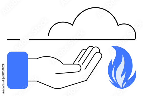 Hand below a cloud and flame, representing cloud technology, renewable energy, and innovation. Ideal for sustainability, cloud computing, energy efficiency, digital transformation, technology modern