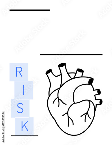 Anatomical heart next to stacked blocks spelling RISK. Ideal for health education, cardiology, medical studies, risk assessment, preventive care, decision making, abstract line flat metaphor
