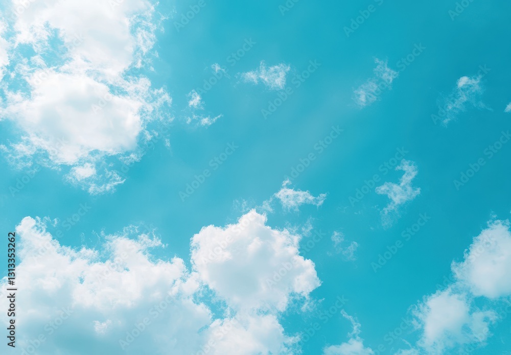 Bright and Clear Blue Sky with Fluffy White Clouds Illuminated by Soft Sunlight Bright and Clear Blue Sky with Fluffy White Clouds Illuminated by Soft Sunlight