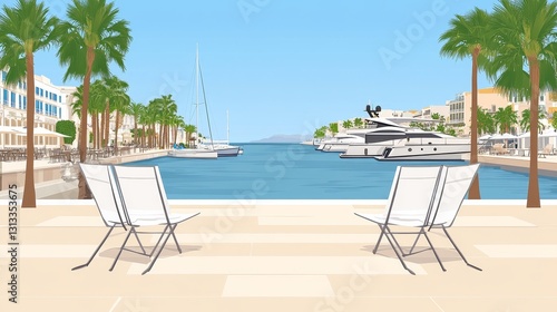 Mediterranean resort getaway pixel art with two deck chairs on idyllic beach overlooking yachts turquoise sea clear blue sky palm trees