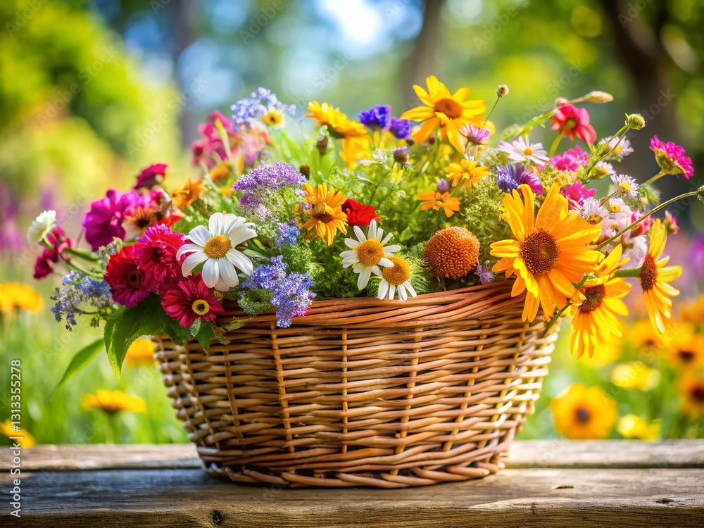 Rustic Flower Basket with Speckled Design - Panoramic Stock Photo Rustic Flower Basket with Speckled Design - Panoramic Stock Photo
