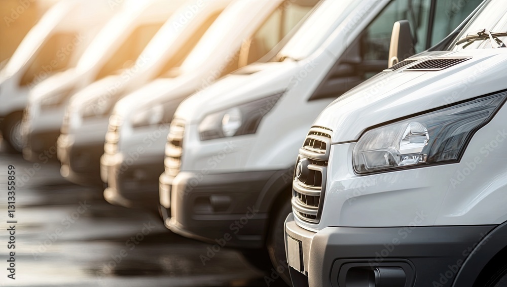 White vans parked in a row, sunlight, urban lot. Use Delivery service White vans parked in a row, sunlight, urban lot. Use Delivery service