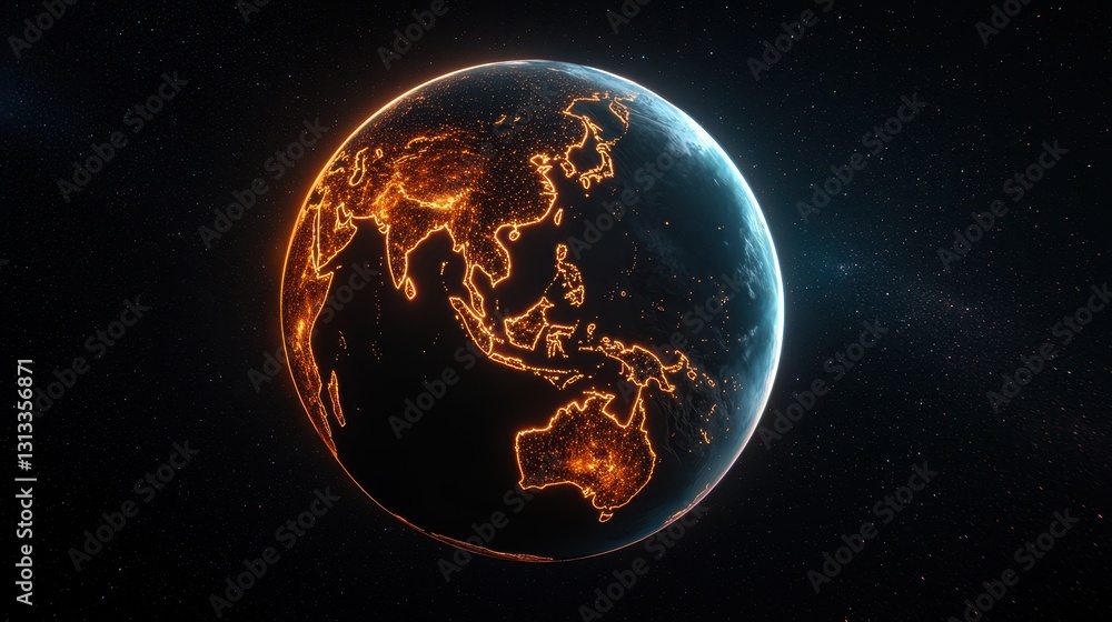 Fototapeta premium A glowing representation of Earth, showcasing illuminated continents against a dark cosmic background, emphasizing technology and global connectivity.