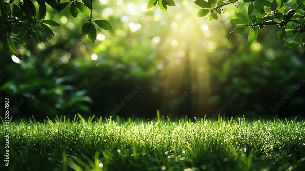 Obraz premium Empty green natural backdrop with clean grass, ideal for showcasing nature-inspired products or outdoor items 