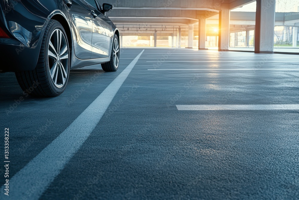 Contemporary vehicle in a parking garage with slip resistant flooring for safety properly parked in a spacious area image suitable for banner use Contemporary vehicle in a parking garage with slip resistant flooring for safety properly parked in a spacious area image suitable for banner use