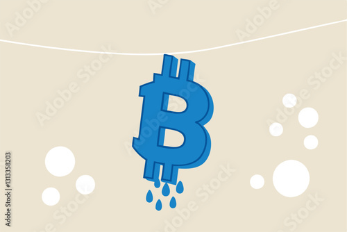 Bitcoin and cryptocurrency using for money laundering or payment in dark market, financial crime or criminal ransom pay concept, drying B alphabet with pegs as Bitcoin symbol after laundering.