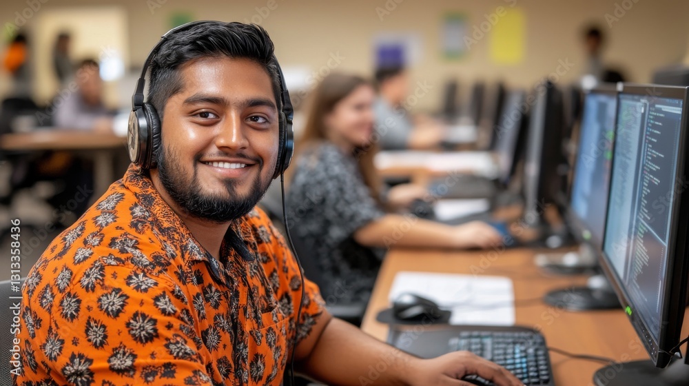Obraz premium A young man, equipped with a headset and seated at a computer, is engaged in customer service work