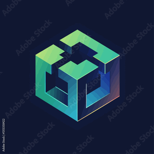 Geometric Cube in Green and Blue Hues on Dark Background Abstract Design