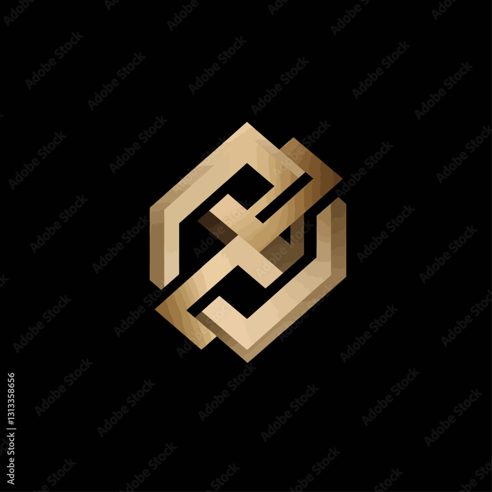 Abstract Interlocking Golden Geometric Shape Logo on Black Background Abstract Interlocking Golden Geometric Shape Logo on Black Background