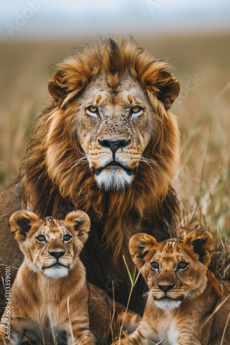  Majestic lion family with cubs in natural habitat on african savanna